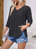 Textured Round Neck Three-Quarter Sleeve Blouse - Trendsi - Flyclothing LLC