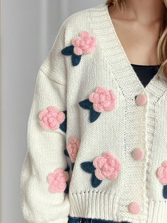 Flower Button Down V-Neck Long Sleeve Cardigan - Trendsi
