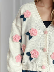 Flower Button Down V-Neck Long Sleeve Cardigan - Trendsi