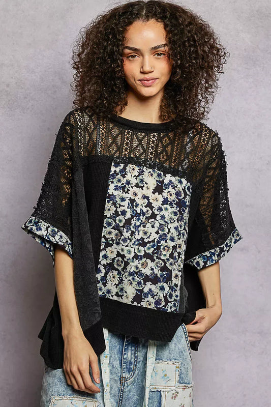 POL Floral Patchwork Lace Accent Blouse - Trendsi - Flyclothing LLC