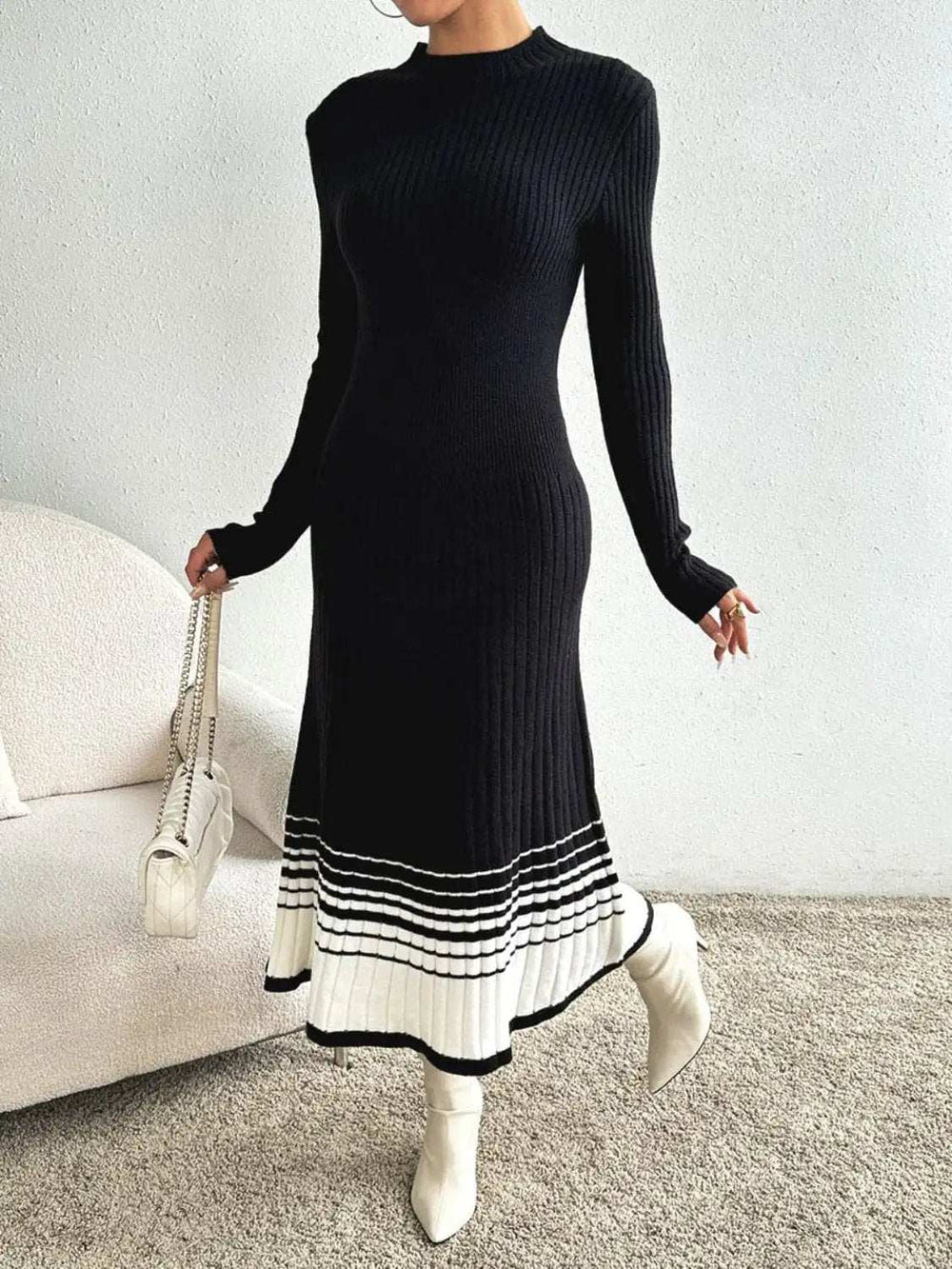 Contrast Mock Neck Long Sleeve Sweater Dress - Trendsi - Flyclothing LLC