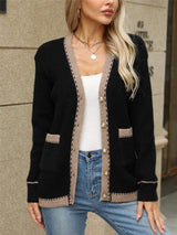 Contrast Trim Button Up Long Sleeve Cardigan - Trendsi - Flyclothing LLC