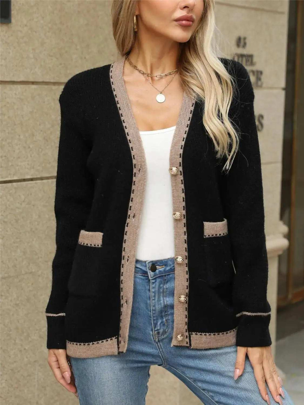 Contrast Trim Button Up Long Sleeve Cardigan - Trendsi - Flyclothing LLC