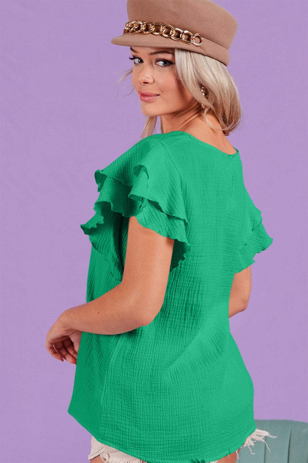 BiBi Ruffle Sleeve Wrinkled Cotton Gauze Top - Trendsi - Flyclothing LLC