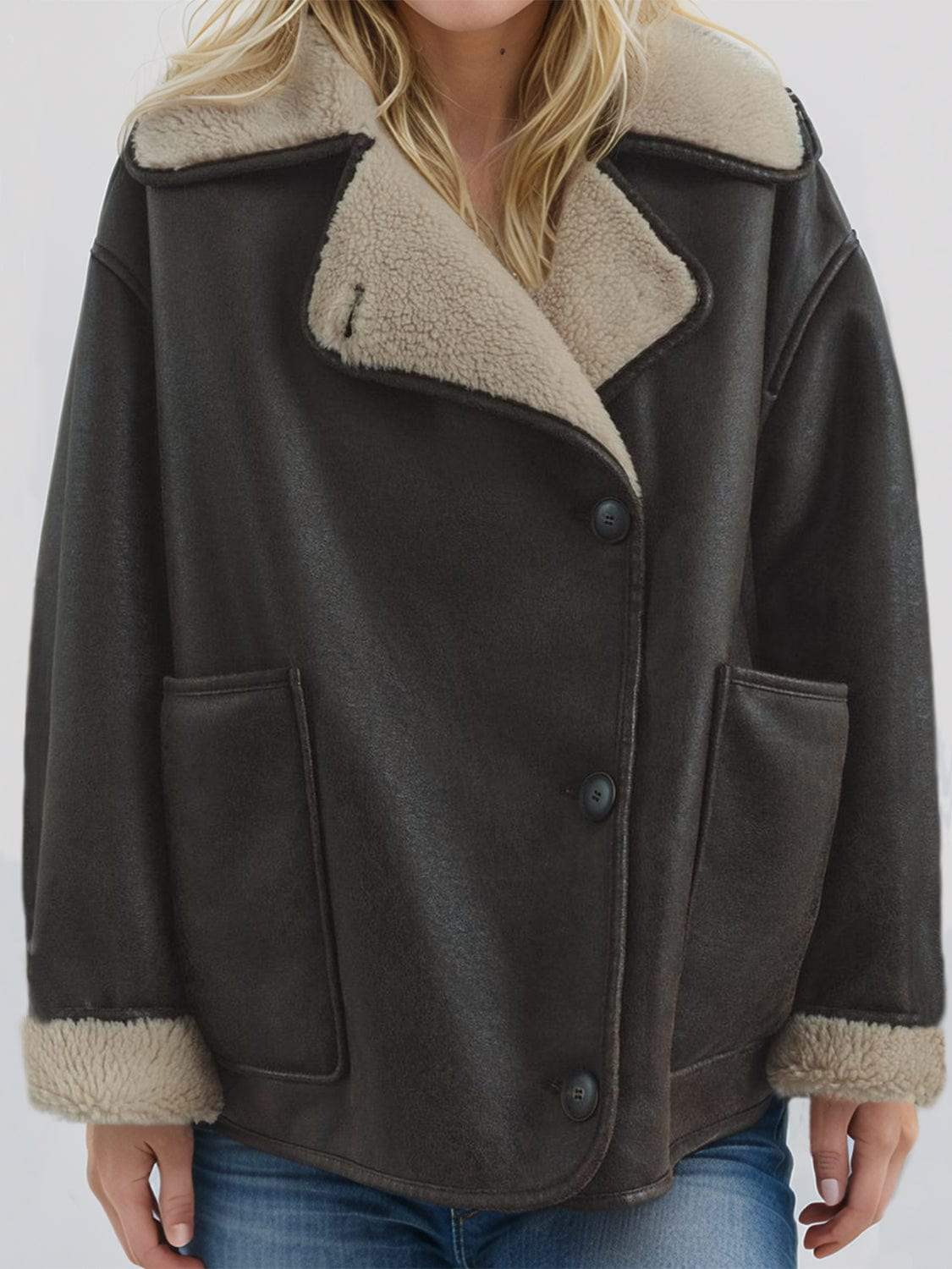 Collared Neck Long Sleeve Plush Jacket - Trendsi - Flyclothing LLC