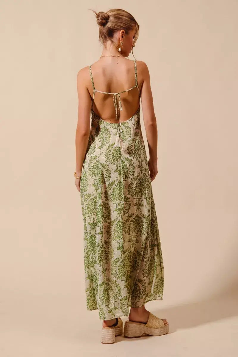 SO ME Damask Floral Summer Maxi Flowy Dress With Open Back - Trendsi - Flyclothing LLC