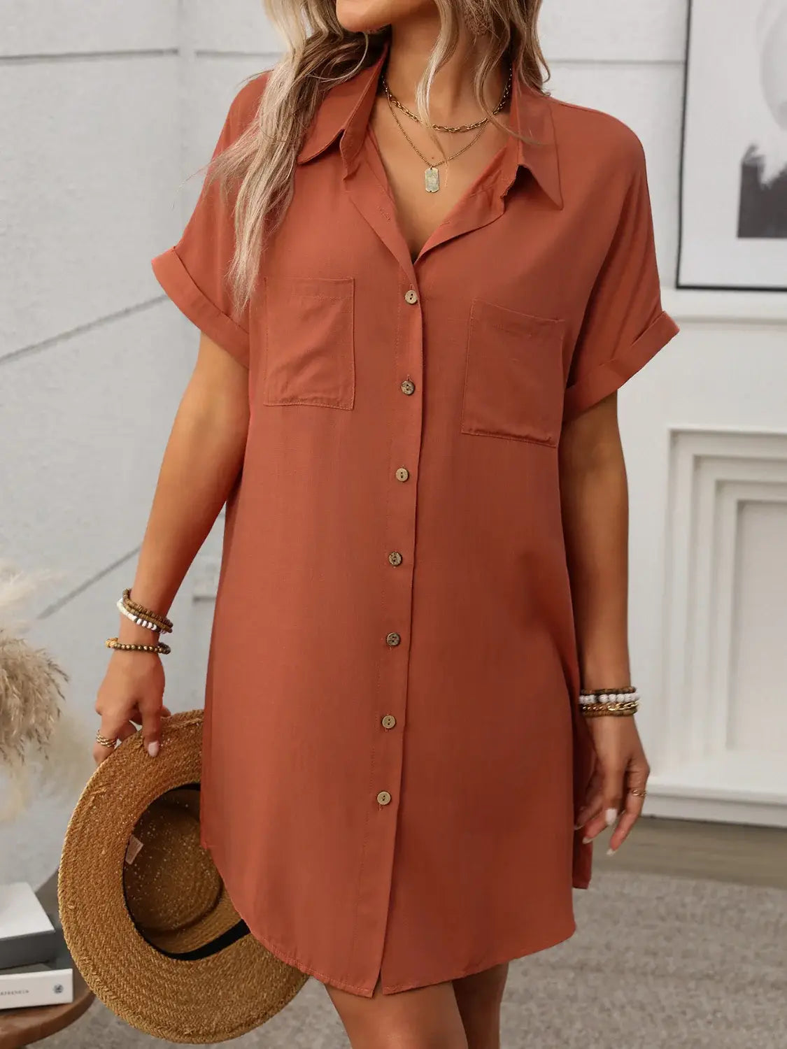 Button Down Short Sleeve Mini Dress - Trendsi - Flyclothing LLC