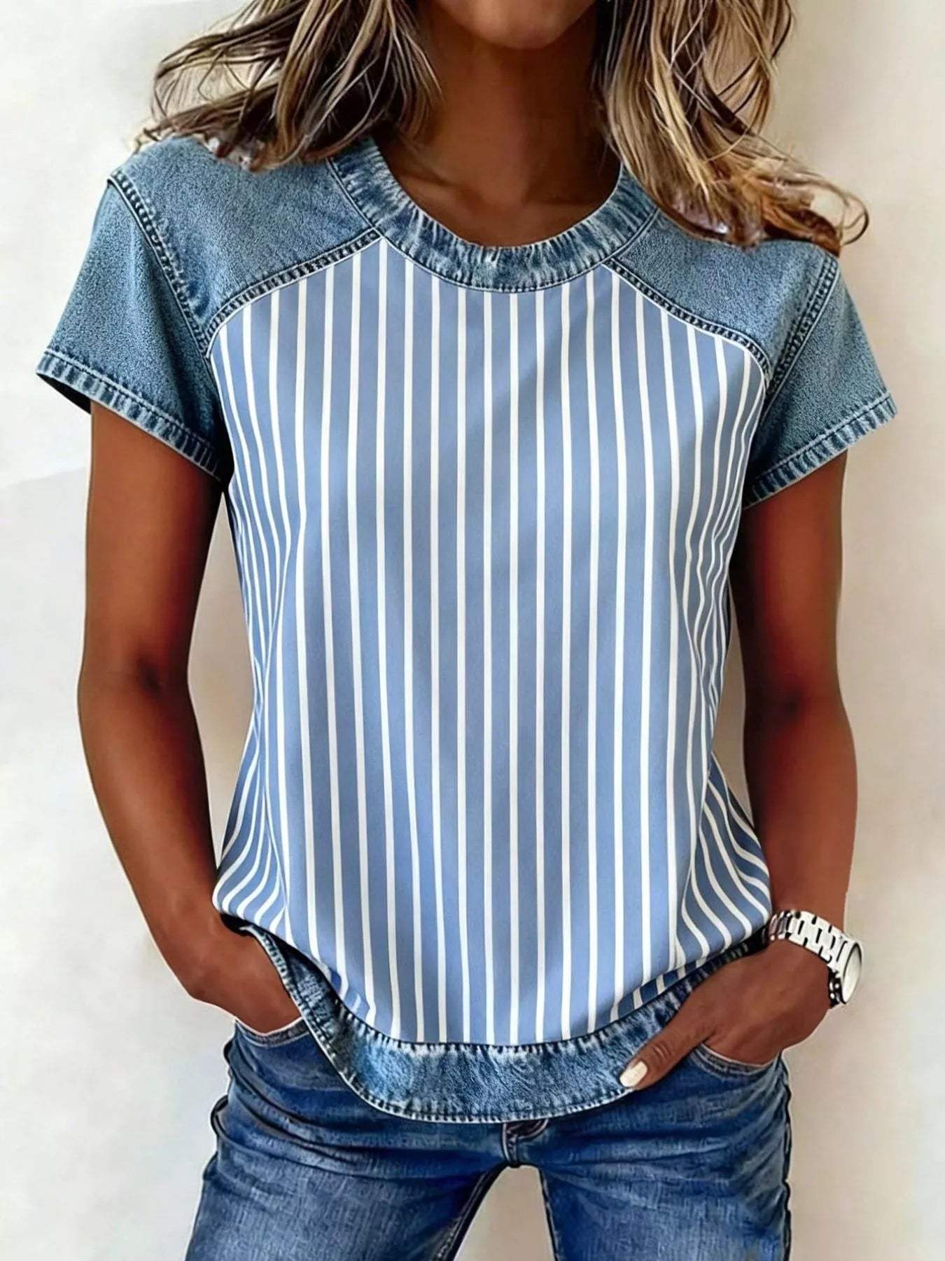 Denim Patchwork Short Sleeve Blouse - Trendsi - Flyclothing LLC