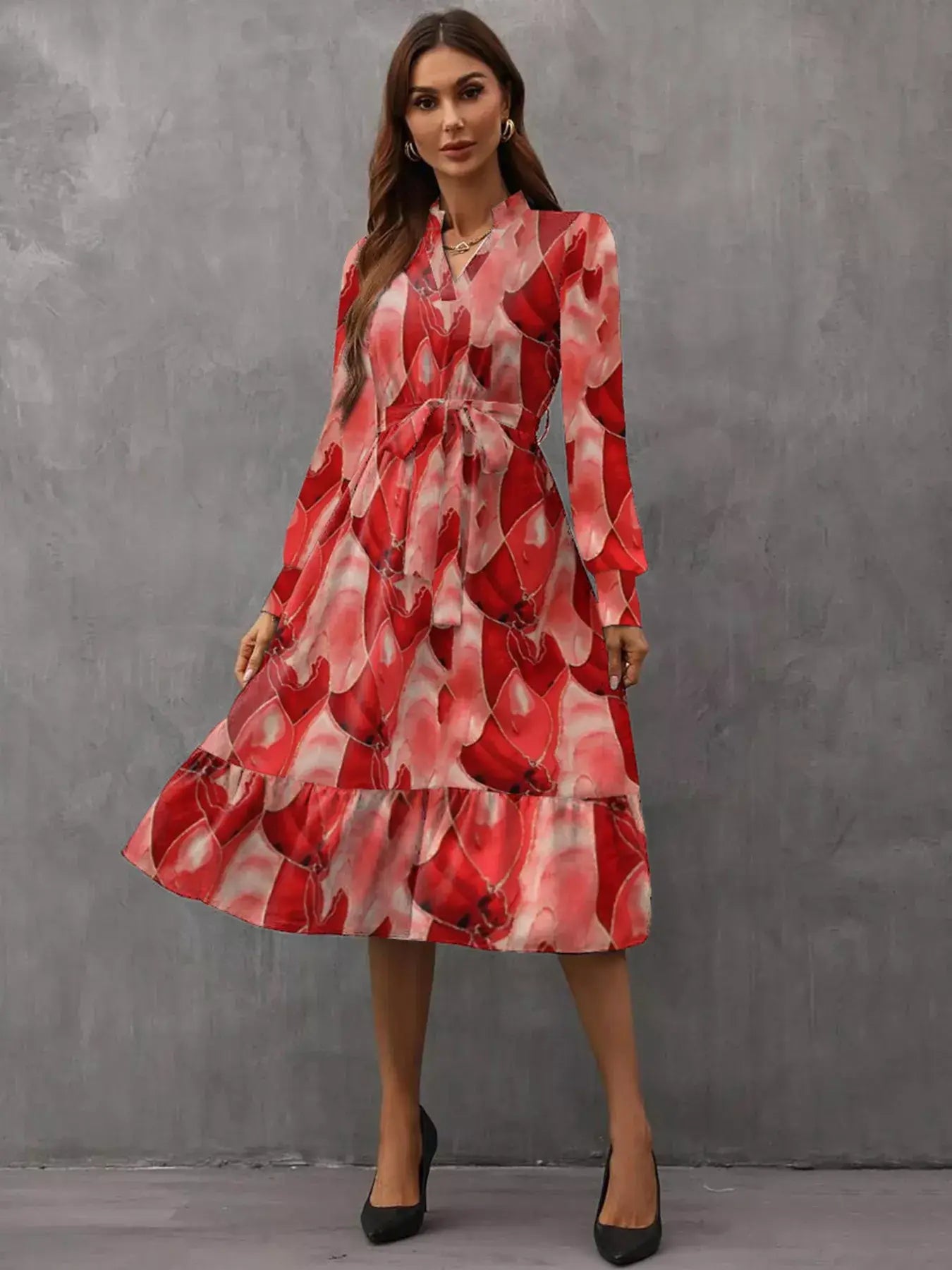 Notched Tie Waist Long Sleeve Dress - Trendsi - Flyclothing LLC