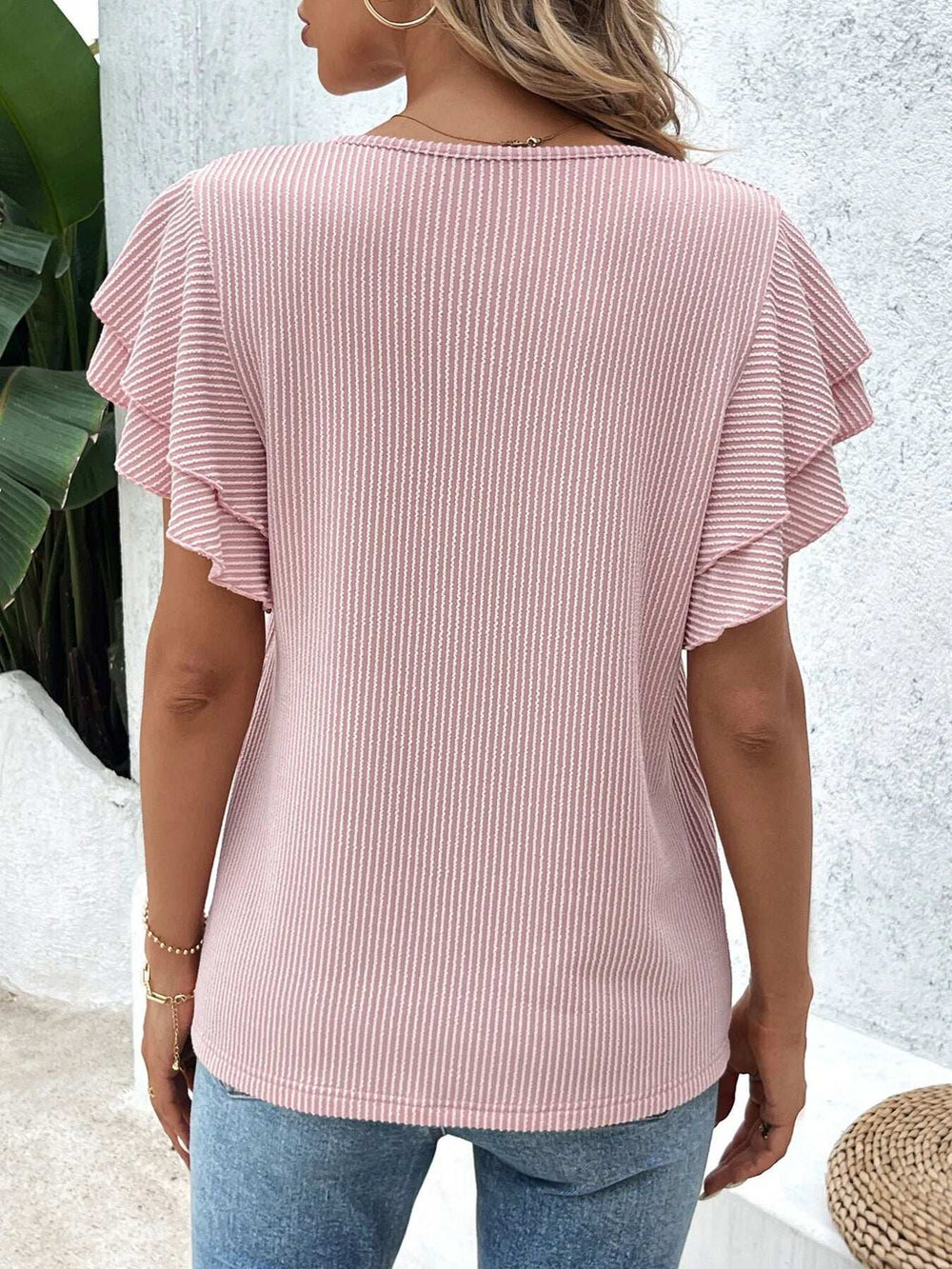 Ribbed Flutter Sleeve T-Shirt - Trendsi - Flyclothing LLC