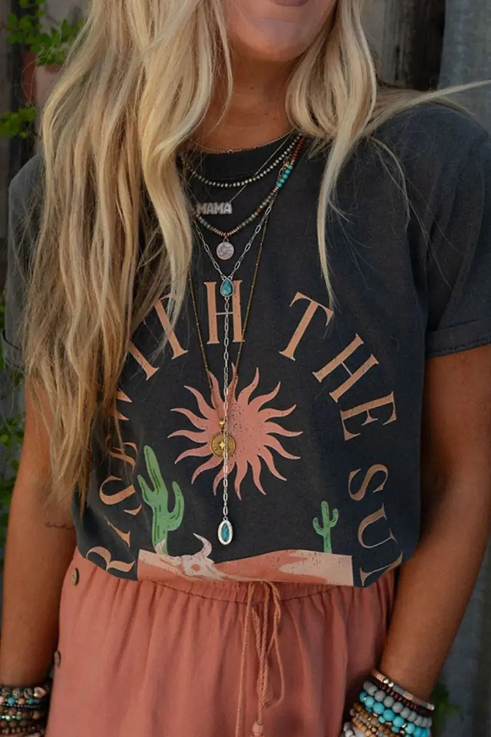 RISE WITH THE SUN Graphic Round Neck Short Sleeve T-Shirt - Trendsi - Flyclothing LLC