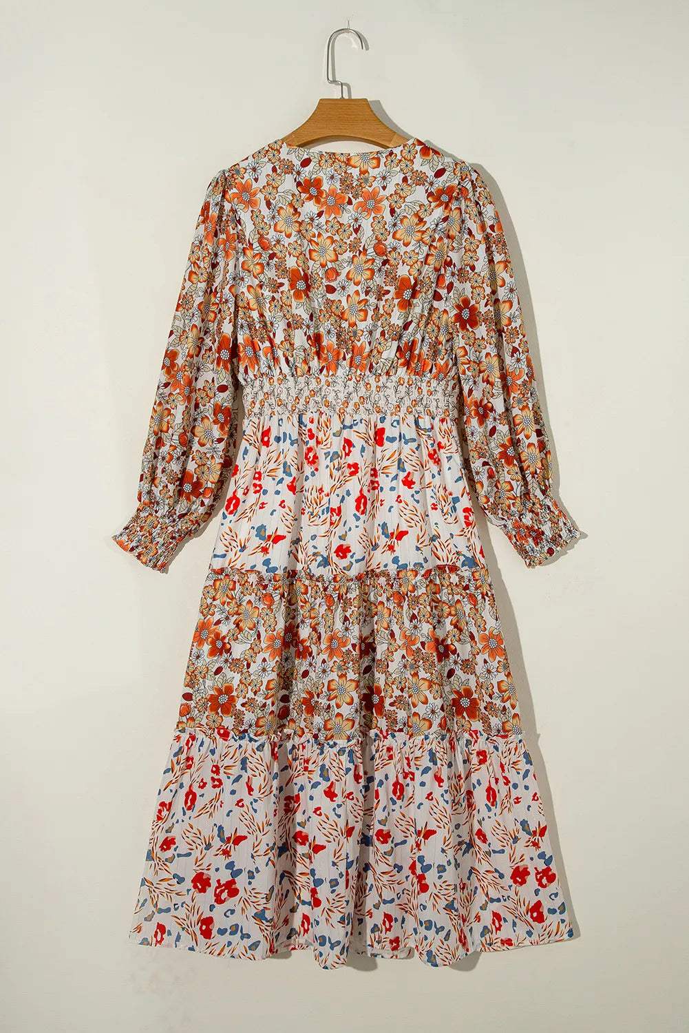 Full Size Printed V-Neck Lantern Sleeve Midi Dress - Trendsi - Flyclothing LLC
