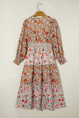 Full Size Printed V-Neck Lantern Sleeve Midi Dress - Trendsi - Flyclothing LLC