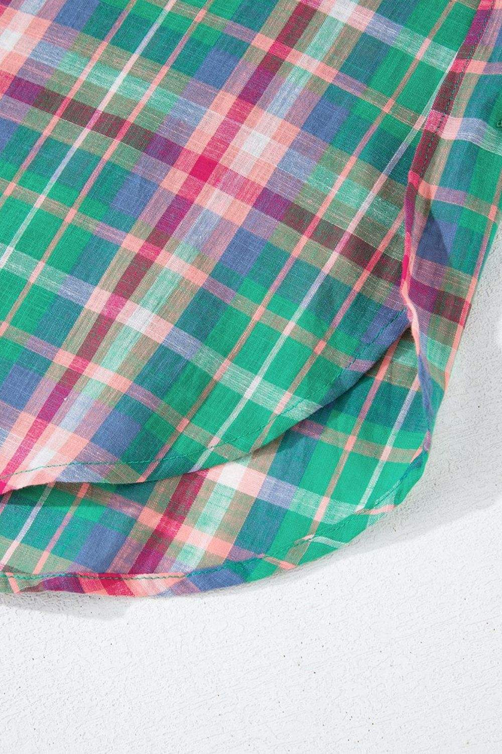 Plaid Collared Neck Three-Quarter Sleeve Shirt - Trendsi - Flyclothing LLC