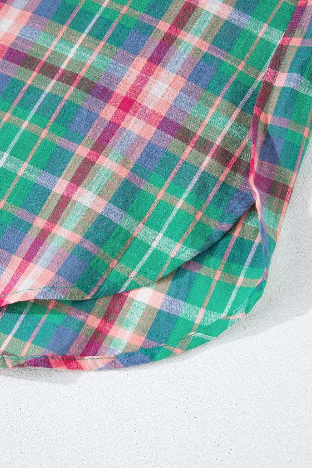 Plaid Collared Neck Three-Quarter Sleeve Shirt - Trendsi - Flyclothing LLC