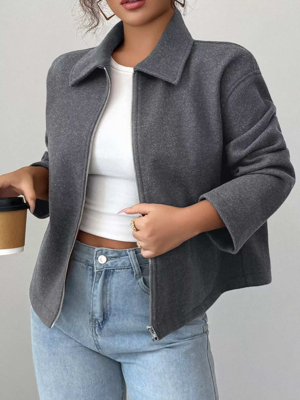 Casual Zip-Up Long Sleeve Jacket - Trendsi - Flyclothing LLC