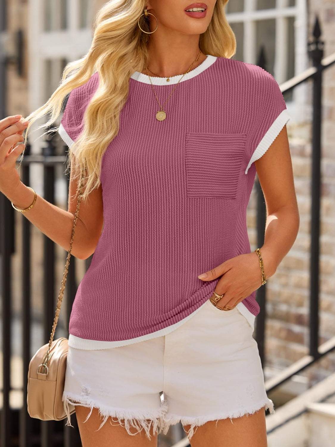 Contrast Trim Round Neck Short Sleeve T-Shirt - Trendsi - Flyclothing LLC