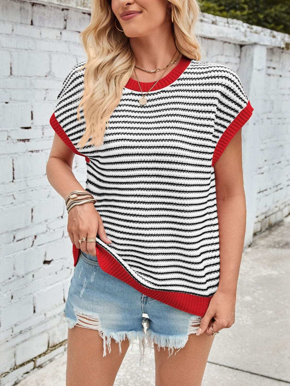 Lovelet Striped Round Neck Cap Sleeve Sweater - Trendsi - Flyclothing LLC