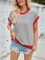 Lovelet Striped Round Neck Cap Sleeve Sweater - Trendsi