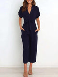 Notched Short Sleeve Tie Waist Jumpsuit - Trendsi - Flyclothing LLC
