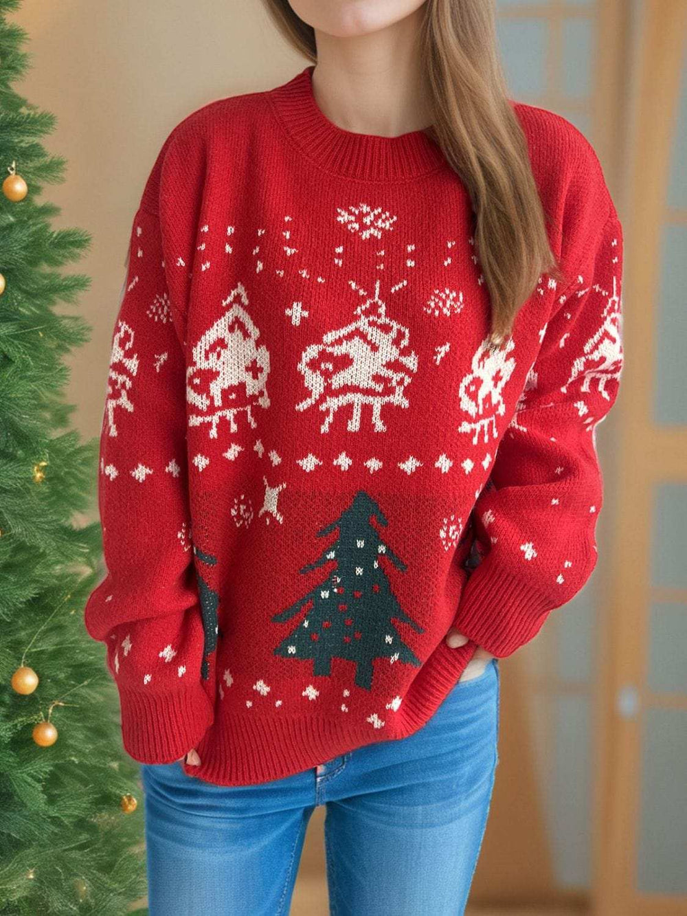 Christmas Element Round Neck Long Sleeve Sweater - Trendsi - Flyclothing LLC