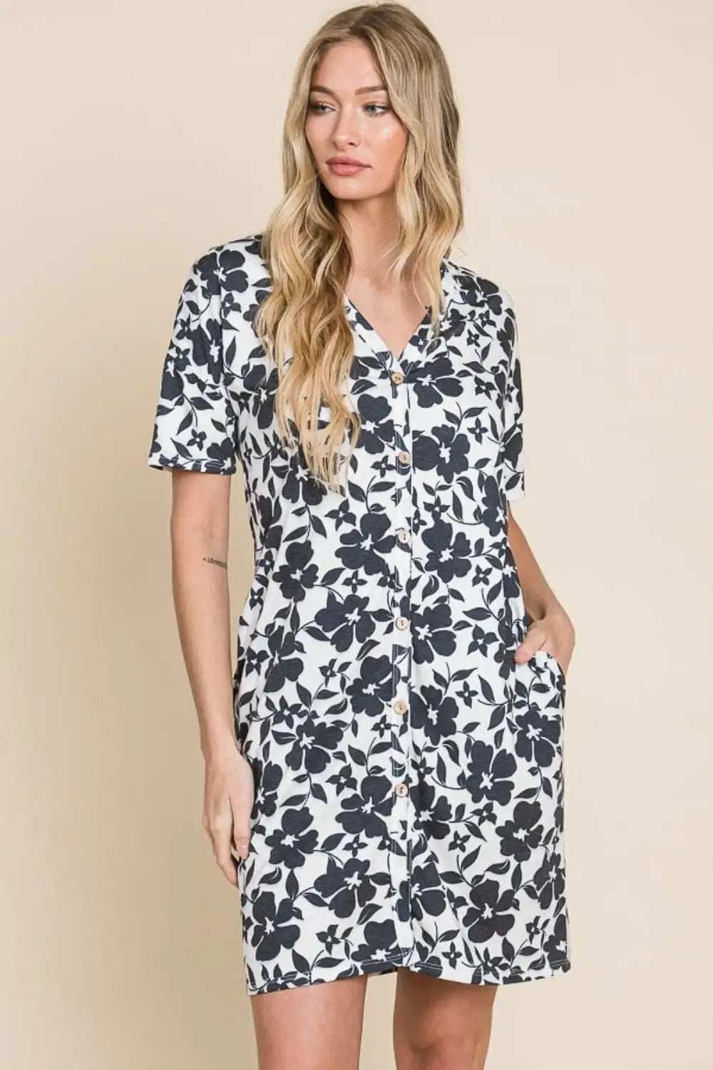 BOMBOM Floral Button Down Mini Dress - Trendsi - Flyclothing LLC
