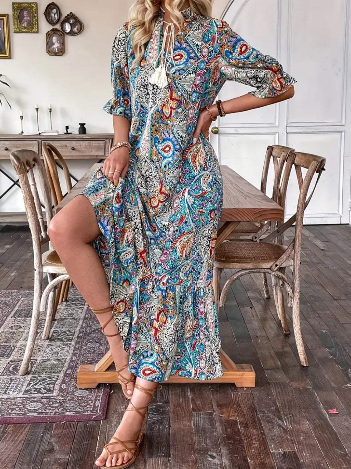Printed Tie Neck Flounce Sleeve Midi Dress - Trendsi - Flyclothing LLC