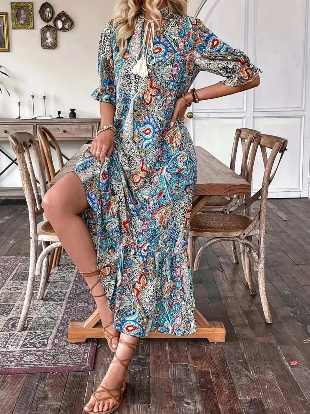 Printed Tie Neck Flounce Sleeve Midi Dress - Trendsi - Flyclothing LLC