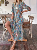 Printed Tie Neck Flounce Sleeve Midi Dress - Trendsi - Flyclothing LLC