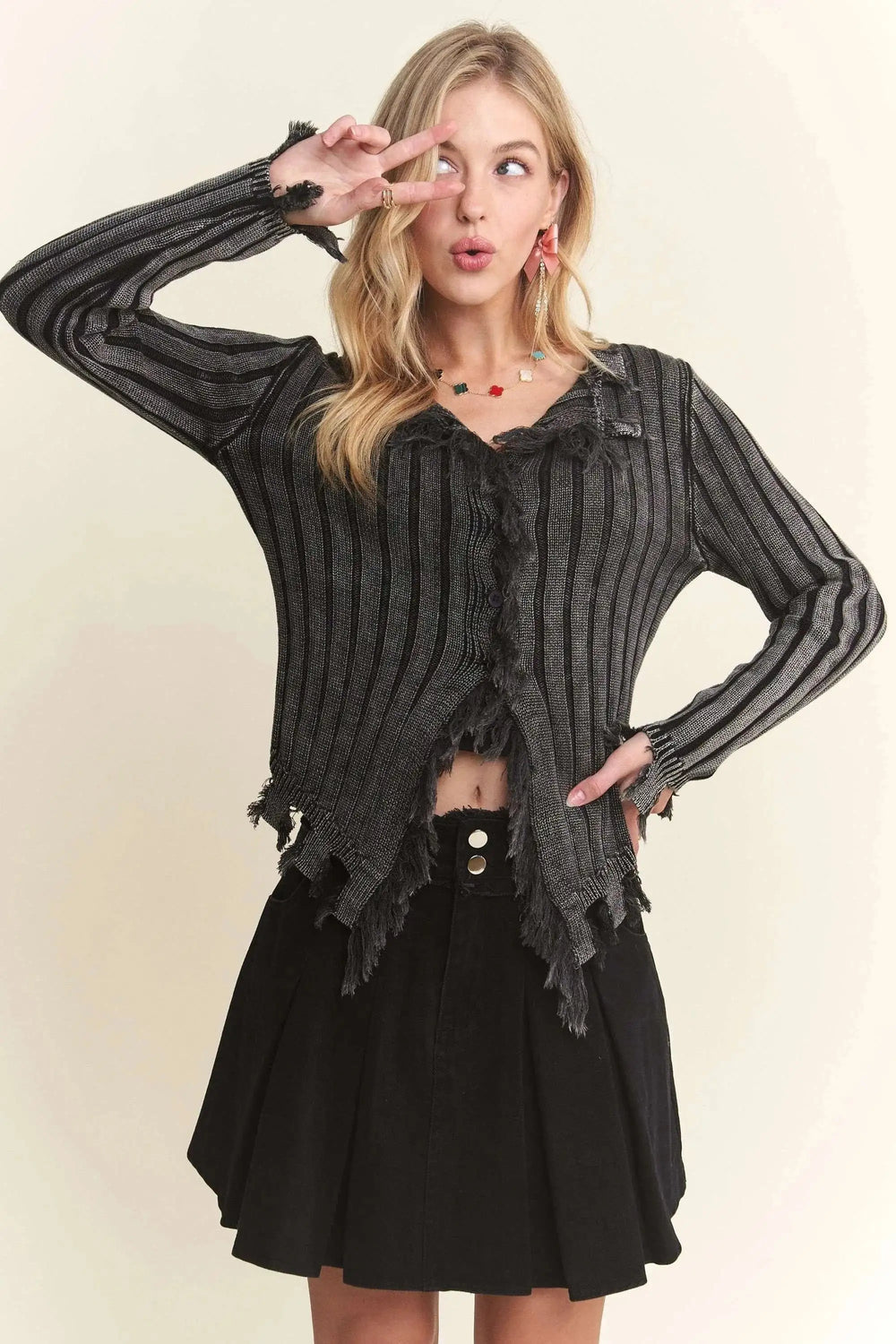 ADORA Distressed Edge Washed Sweater - Trendsi