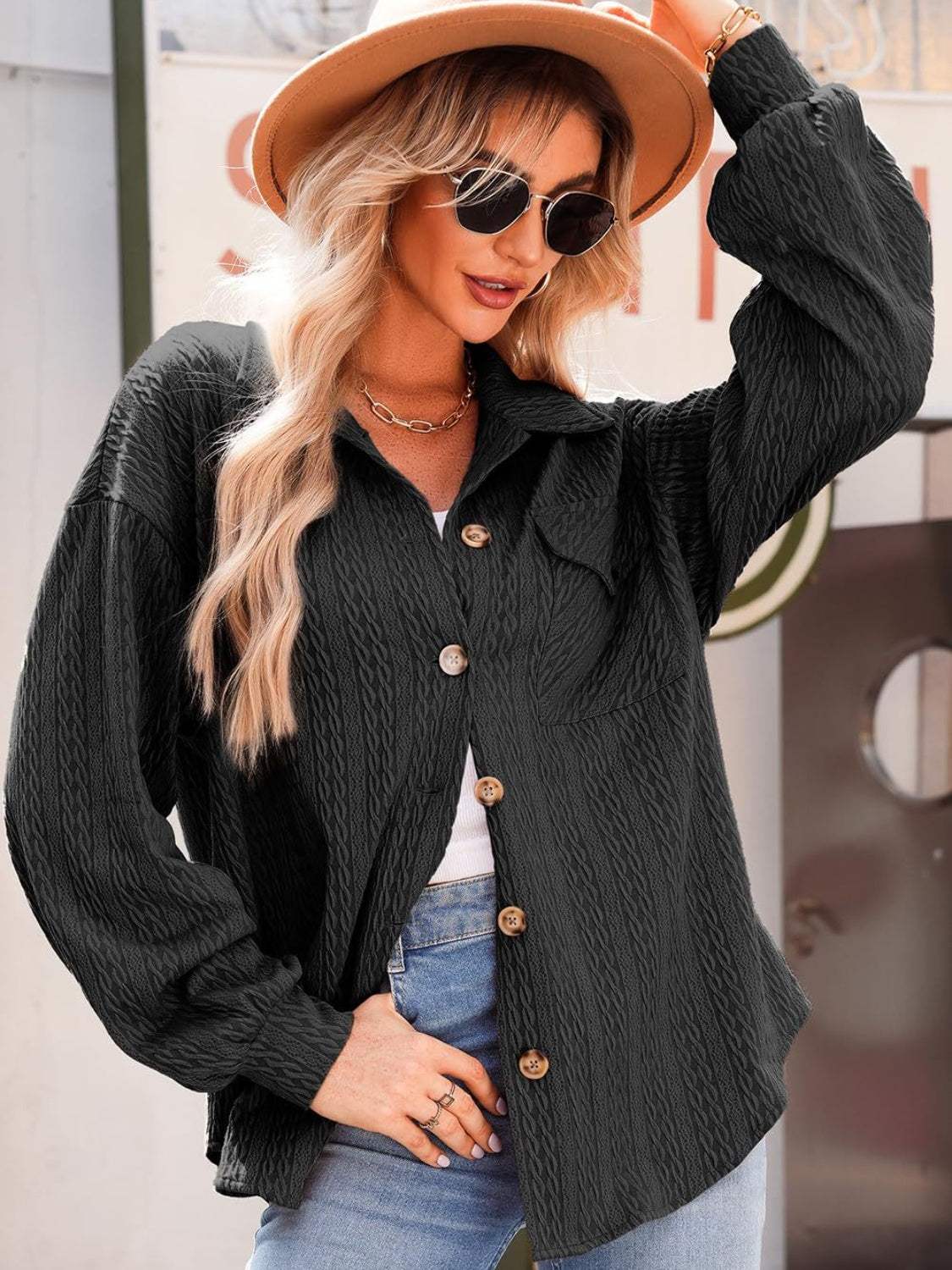 Textured Button Up Long Sleeve Shacket - Trendsi - Flyclothing LLC