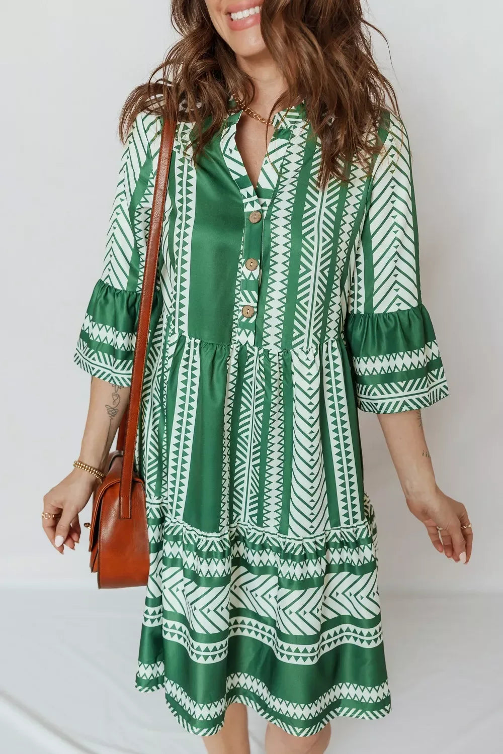 Ethnic Print Half Button 3/4 Sleeve Casual Dress - Trendsi - Flyclothing LLC