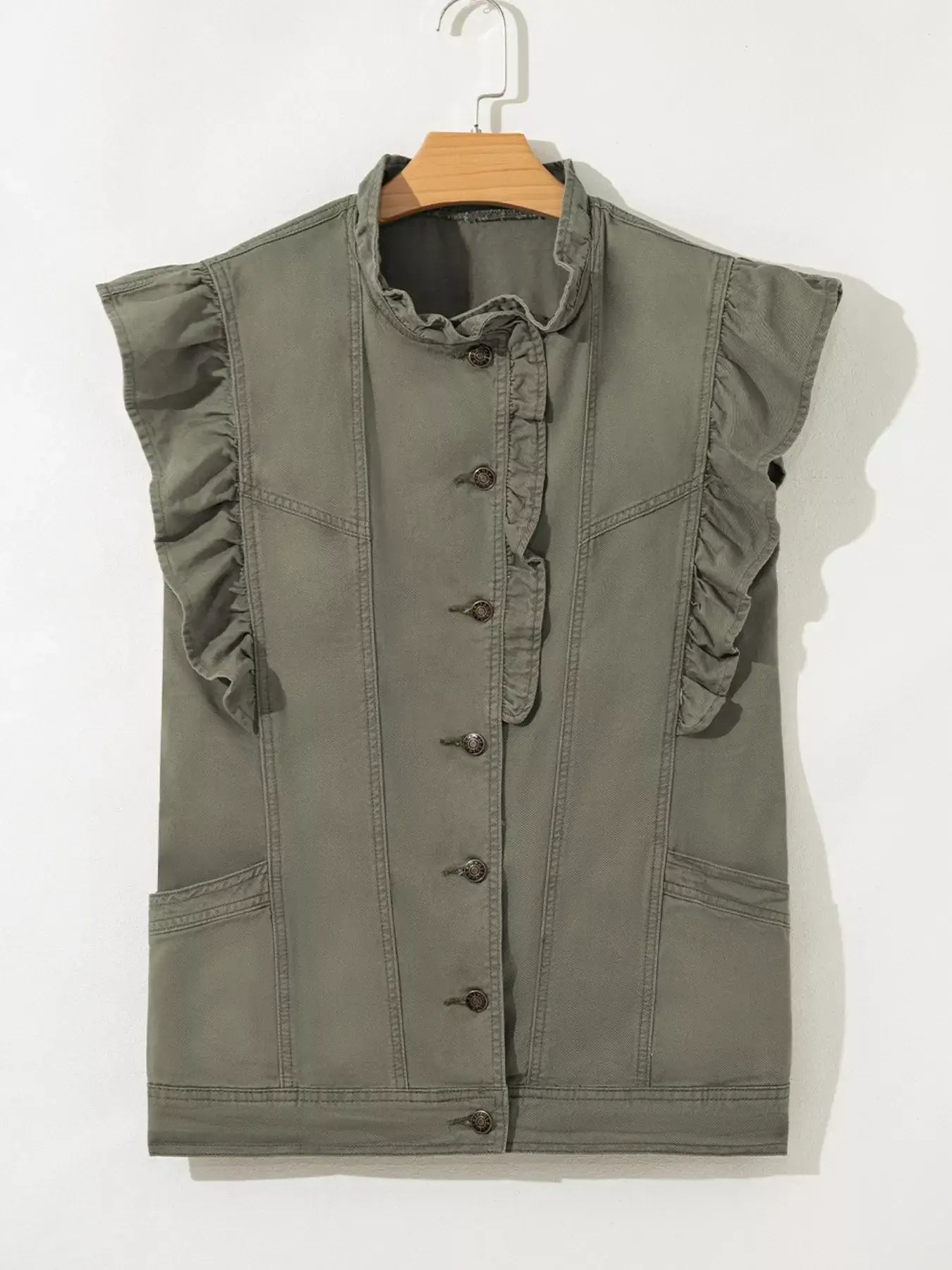 Ruffled Patchwork Denim Jacket Vest - Trendsi - Flyclothing LLC