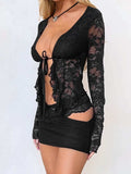 Devine Tied Front Ruffled Long Sleeve Lace Shirt - Trendsi - Flyclothing LLC