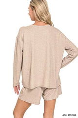 Zenana Soft Melange Long Sleeve Tee and Shorts Set - Trendsi - Flyclothing LLC