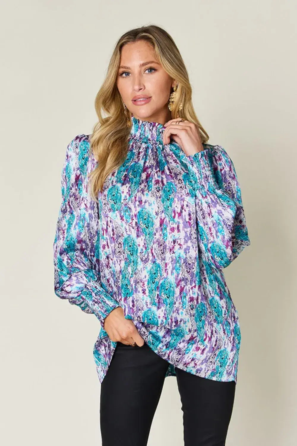 Double Take Full Size Printed Smocked Long Sleeve Blouse - Trendsi - Flyclothing LLC