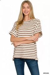 Zenana Stripe Jacquard Round-Meck Tee - Trendsi - Flyclothing LLC