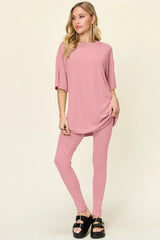 Double Take Full Size Round Neck Dropped Shoulder T-Shirt and Leggings Set - Trendsi - Flyclothing LLC