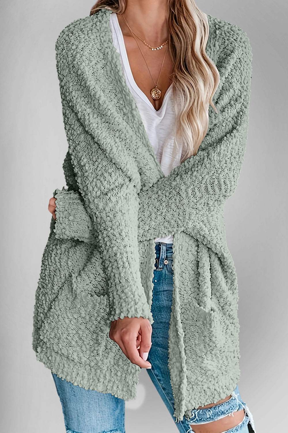 Double Take Pocketed Open Front Long Sleeve Cardigan - Trendsi - Flyclothing LLC