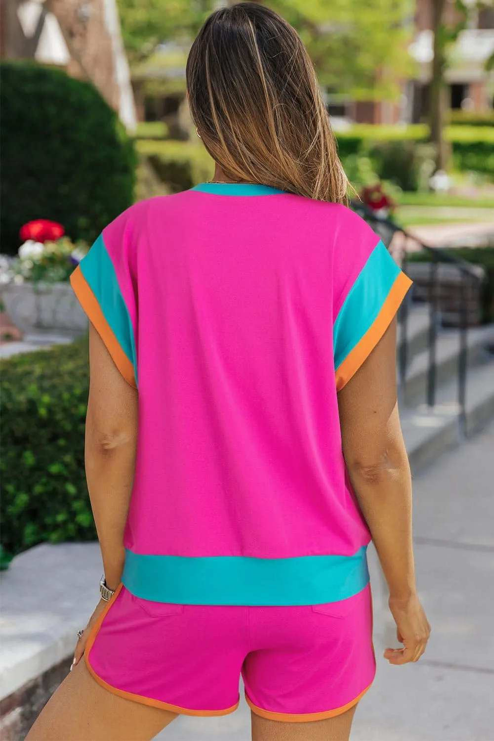 Contrast Round Neck Top and Shorts Set - Trendsi - Flyclothing LLC