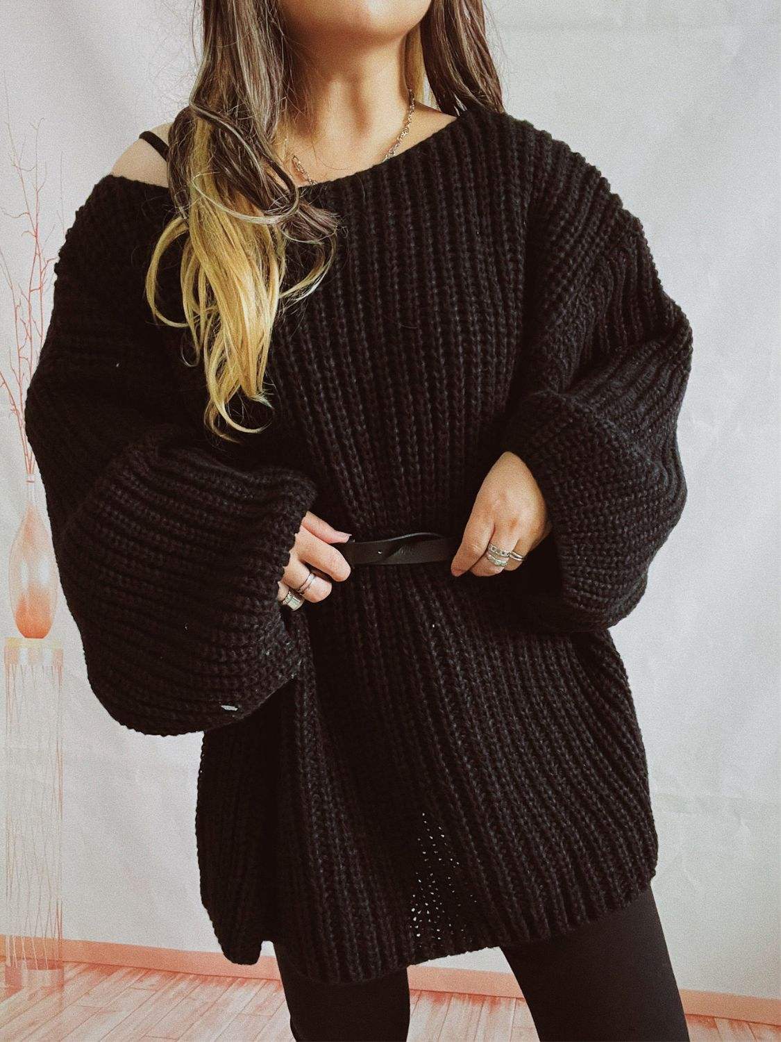 Boat Neck Long Sleeve Sweater with Belt - Trendsi - Flyclothing LLC