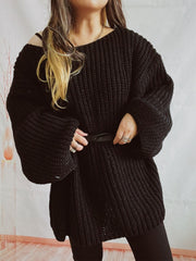 Boat Neck Long Sleeve Sweater with Belt - Trendsi