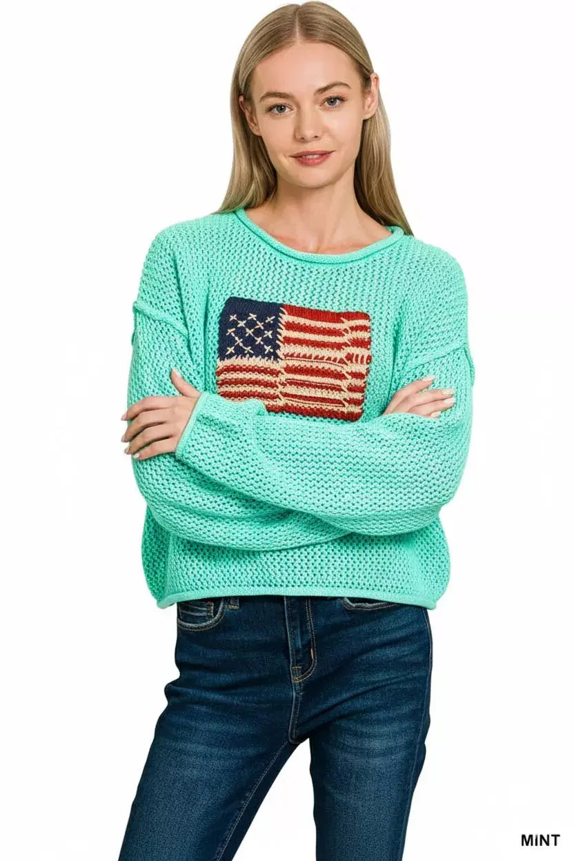 Zenana American Flag Crew Neck Sweater - Trendsi - Flyclothing LLC