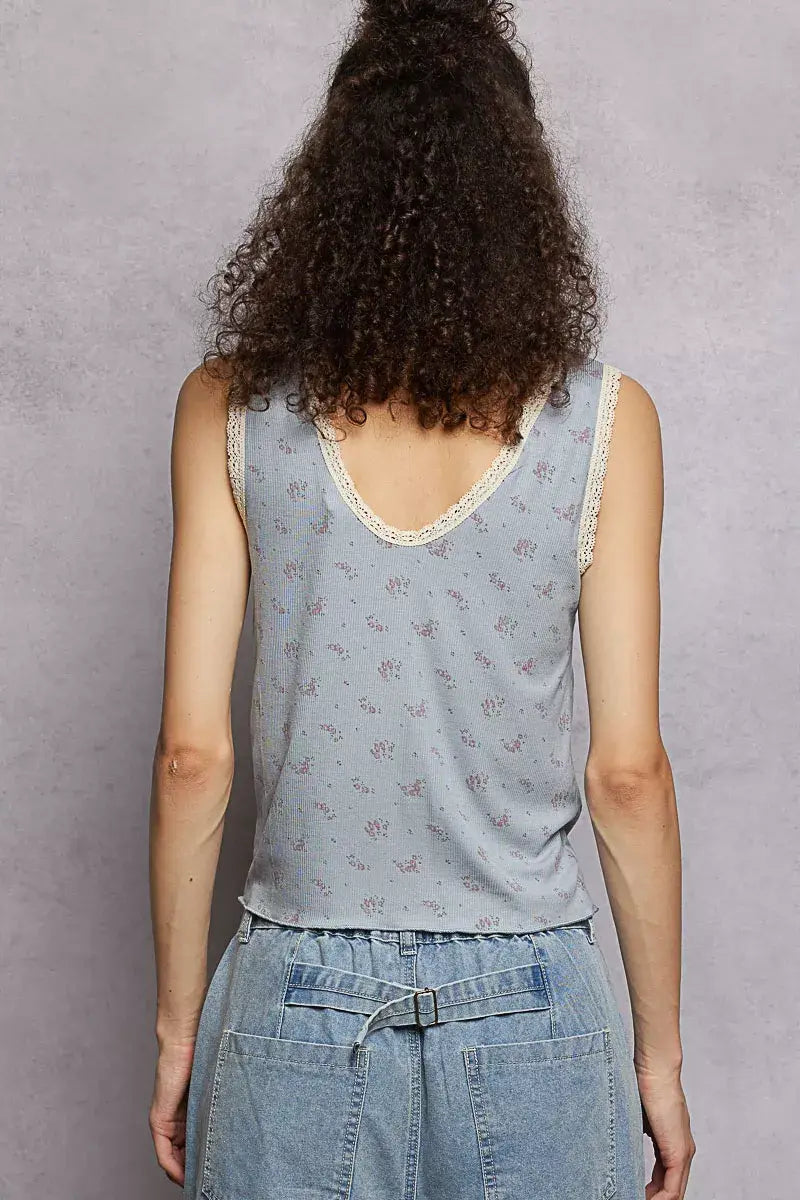 POL Ruched Floral V-Neck Tank with Lace Detail - Trendsi - Flyclothing LLC