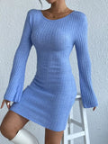 Backless Round Neck Long Sleeve Sweater Dress - Trendsi