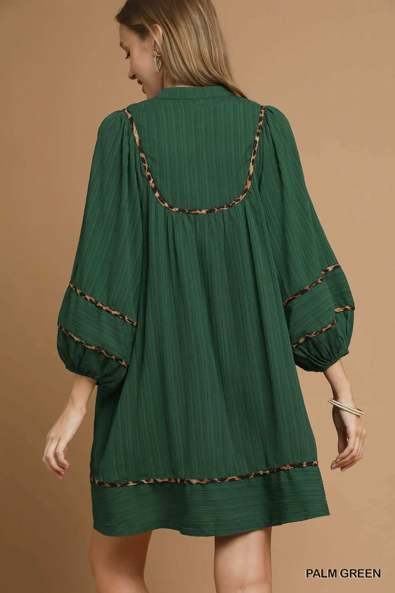 Umgee Textured Babydoll Dress with Leopard Trim - Trendsi - Flyclothing LLC