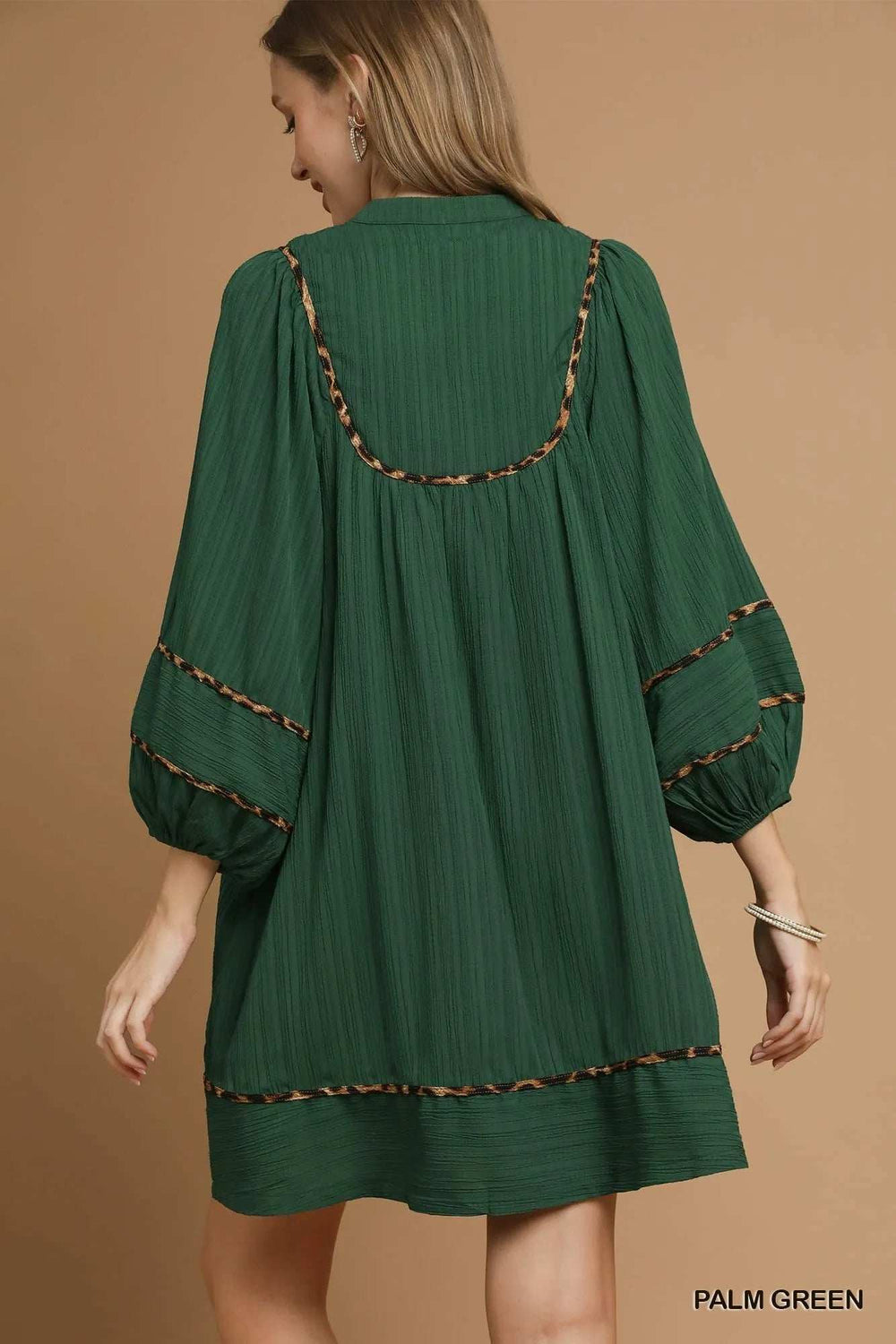 Umgee Textured Babydoll Dress with Leopard Trim - Trendsi - Flyclothing LLC