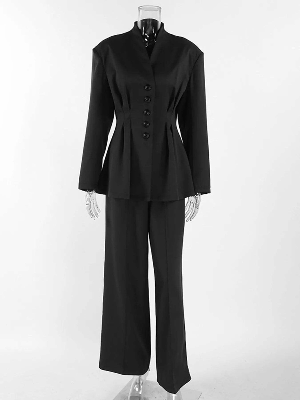 Chic Button Down Pleated Blazer and Wide-Leg Pants Suit Set - Trendsi - Flyclothing LLC