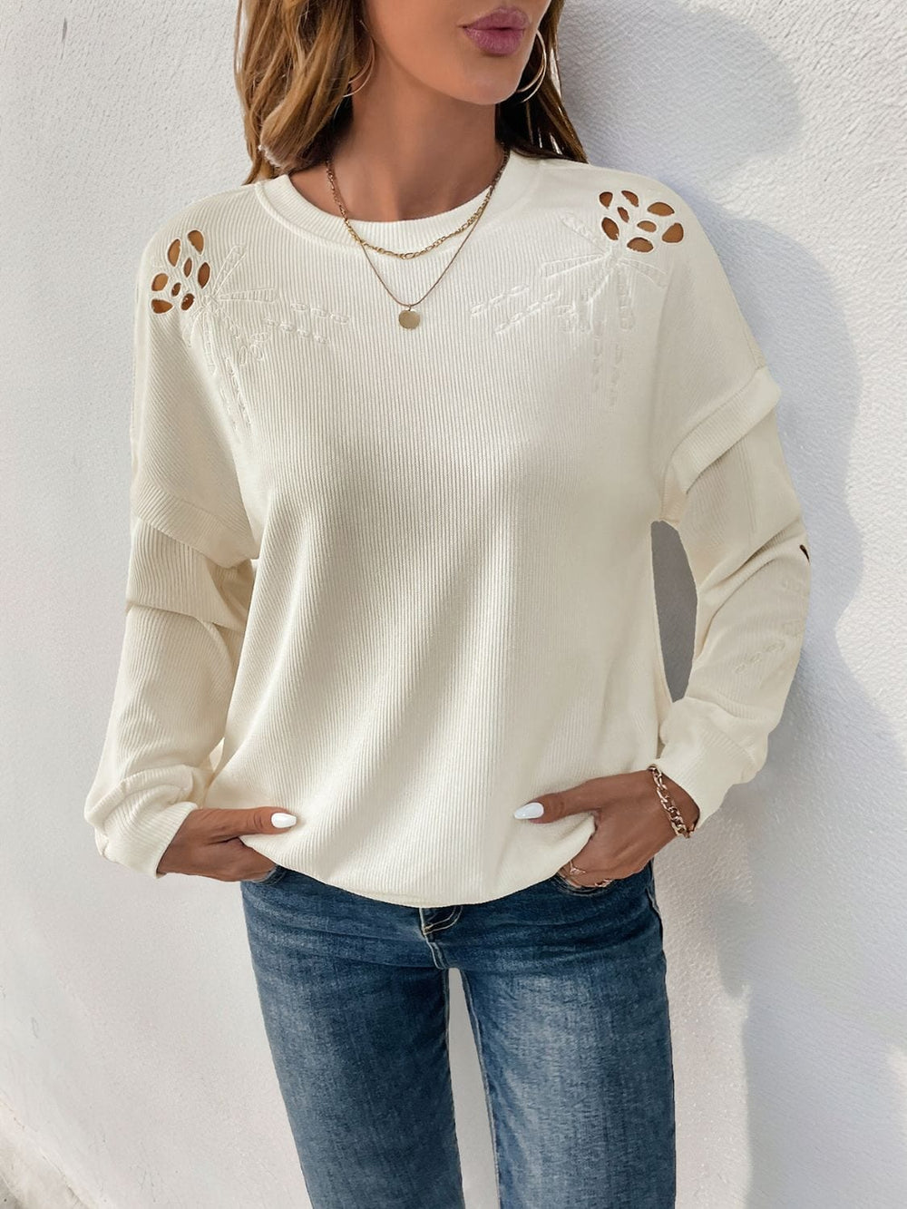 Perfee Cutout Round Neck Long Sleeve Sweatshirt - Trendsi