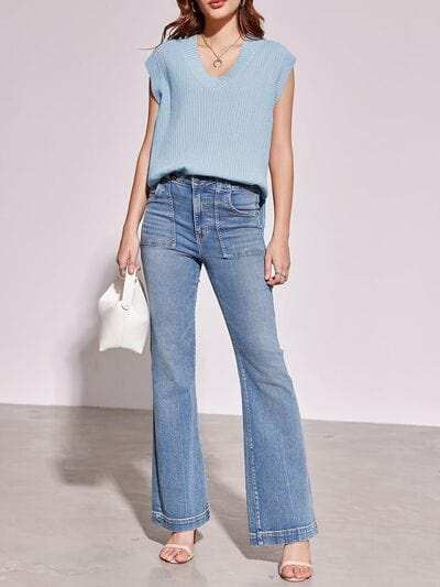 Lovelet Ribbed V-Neck Slit Sweater Vest - Trendsi - Flyclothing LLC